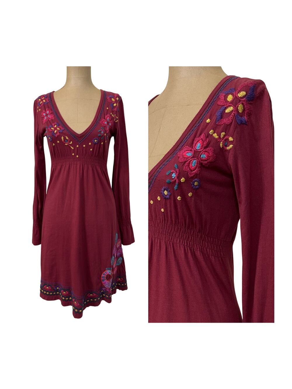 Johnny Was Tunic Floral Embroidered Maroon Cotton Jersey Empire Waist